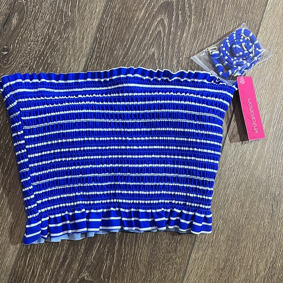 Juniors' Xhilaration Smocked Bandeau Bikini Top Blue Stripe Small bandeau swim - Picture 4 of 8